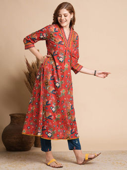 FASHOR - Red Ethnic Floral Printed A-Line Flared Midi Dress