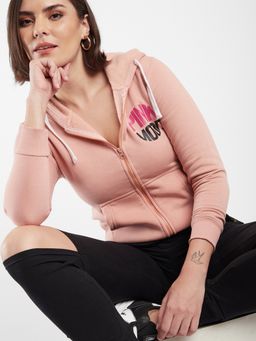 Campus Sutra - Women Pink Printed Regular Fit Sweatshirt with Hooded Neck for Winterwear