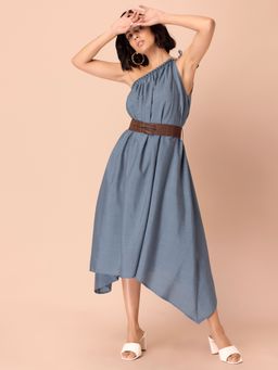 Indya - Blue One Shoulder Dress With Leather Belt (Set of 2)