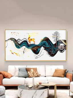 The Next Decor - Golden Deer With Multi Color Floating Glass Finish Horizontal Wall Art