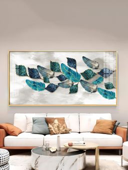 The Next Decor - Turquoise Greay Leaves Glass Finish Horizontal Wall Art