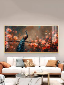 The Next Decor - Peacock On Floral Branches Glass Finish Horizontal Wall Art