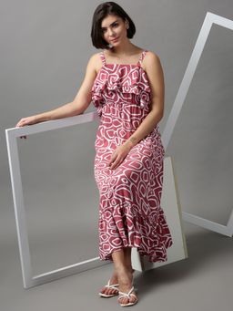 SHOWOFF - Womens Shoulder Straps Abstract Pink Maxi Dress