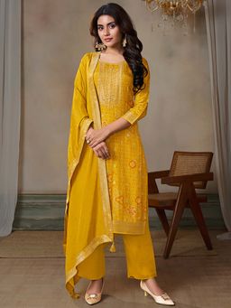 Seerat - Women Mustard Bandhani Printed Kurta with Pant and Dupatta