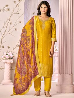 Seerat - Women Mustard Woven Sequined Kurta with Pant and Dupatta