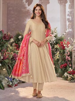 Seerat - Women Beige Printed Embroidered Anarkali Kurta with Pant and Dupatta