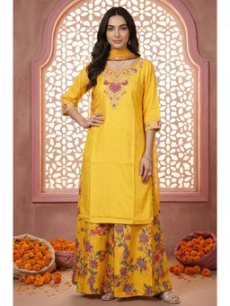Aurelia - Women Yellow Floral Embroidered Kurta with Palazzo and Dupatta