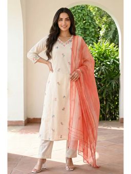 Aurelia - Women Off White Floral Sequined Kurta with Pant and Dupatta