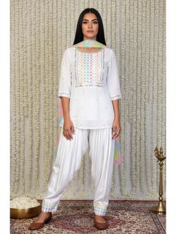Aurelia - Women White Embroidered Sequined Kurti with Patiala and Dupatta
