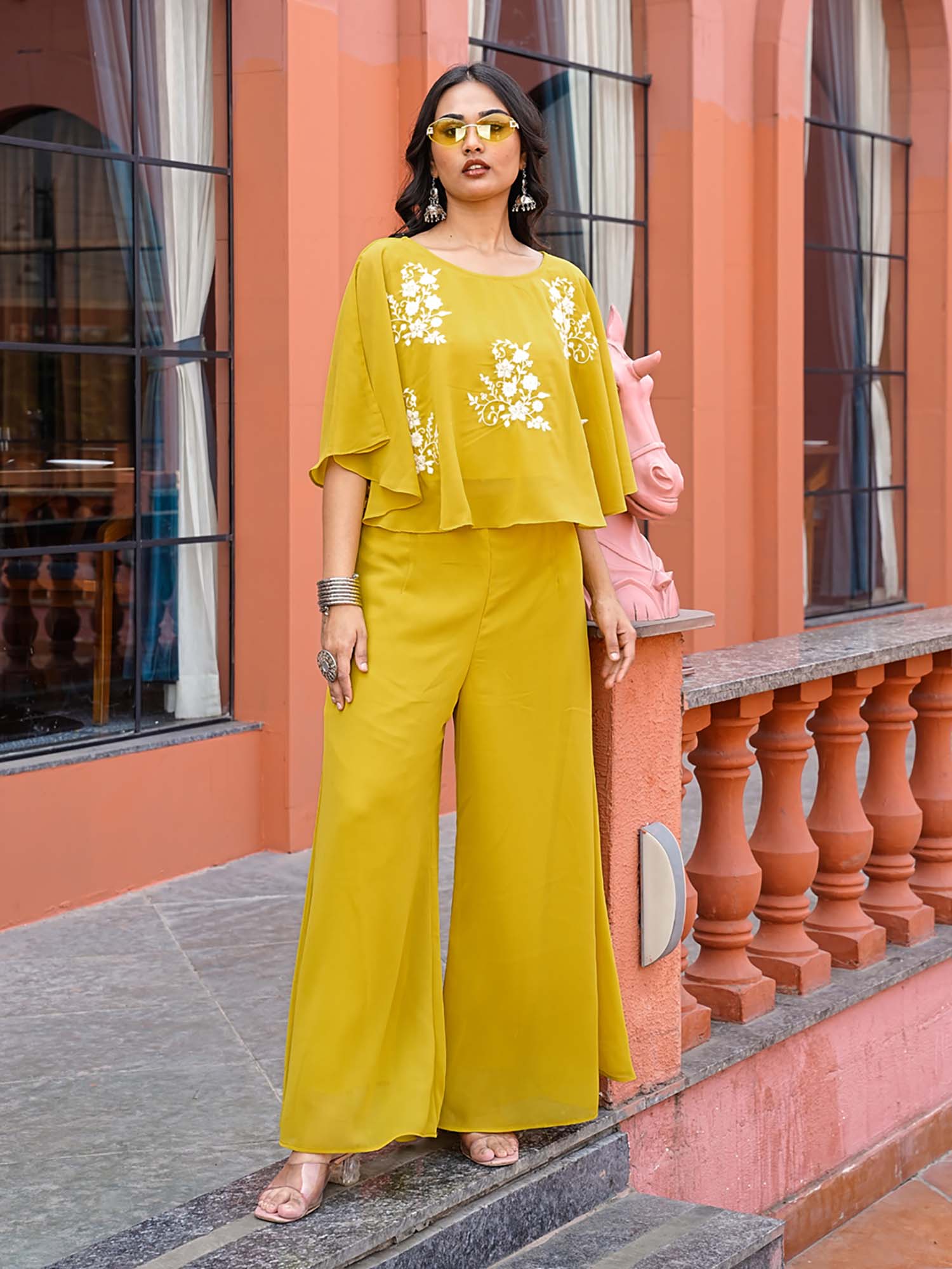 Women Mustard Floral Embroidered Co-Ord Set-image-48
