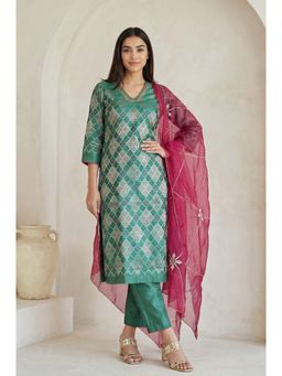 Folksong - Women Green Woven Beads Work Kurta with Pant and Dupatta