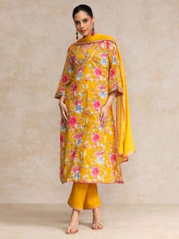 KSUT - Women Mustard Floral Printed Kurta with Pant and Dupatta
