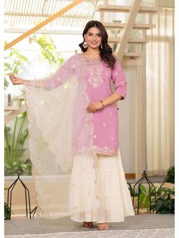 Juniper - Women Pink Embroidered Sequined Kurta with Sharara and Dupatta