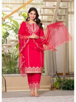 Juniper - Women Pink Embroidered Sequined Kurta with Pant and Dupatta