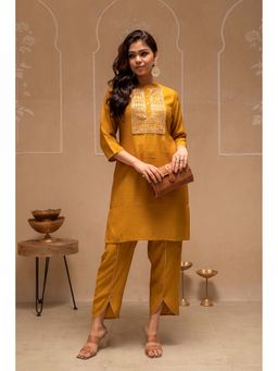 Juniper - Women Mustard Embroidered Mirror Work Kurta with Pant