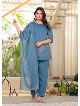 Juniper - Women Blue Floral Beads Work Kurti with Pant and Dupatta