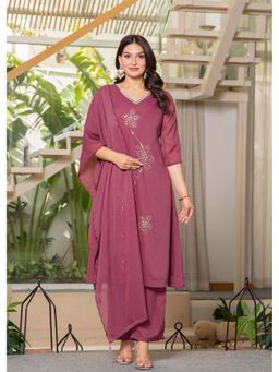 Juniper - Women Mauve Floral Beads Work Kurta with Pant and Dupatta