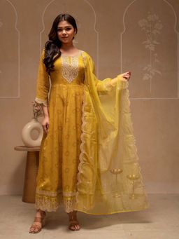 Juniper - Women Yellow Flared Mirror Work Anarkali Kurta with Pant and Dupatta