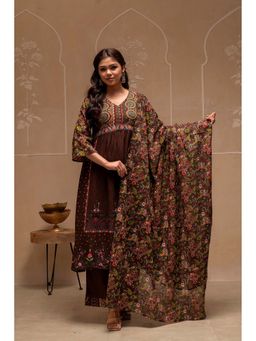 Juniper - Women Brown Floral Printed Kurta with Palazzo and Dupatta