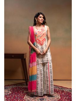 Juniper - Women Off White Printed Beads Work Kurti with Sharara and Dupatta