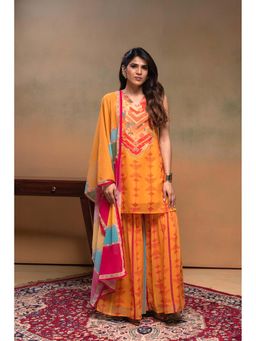 Juniper - Women Orange Printed Beads Work Kurti with Sharara and Dupatta