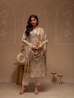 Juniper - Women Ivory Floral Sequined Kurta with Pant and Dupatta