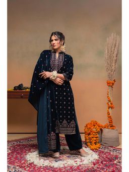 Juniper - Women Navy Blue Embroidered Thread Work Kurta with Pant and Dupatta