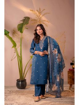 Juniper - Women Blue Embroidered Sequined Kurta with Pant and Dupatta