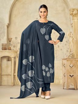 Seerat - Women Navy Blue Printed Sequined Kurta with Pant and Dupatta