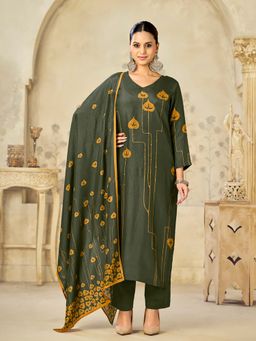 Seerat - Women Olive Printed Sequined Kurta with Pant and Dupatta
