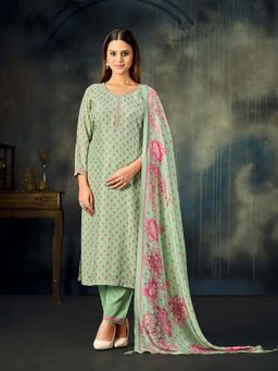 Seerat - Women Green Floral Sequined Kurta with Pant and Dupatta