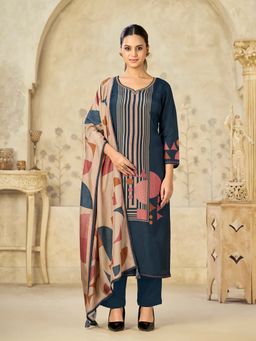 Seerat - Women Navy Blue Printed Sequined Kurta with Pant and Dupatta