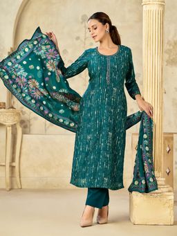Seerat - Women Teal Printed Beads Work Kurta with Pant and Dupatta