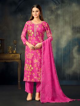 Seerat - Women Pink Printed Sequined Kurta with Pant and Dupatta