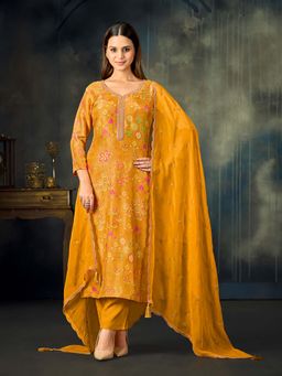 Seerat - Women Mustard Printed Sequined Kurta with Pant and Dupatta