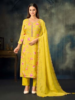 Seerat - Women Yellow Floral Printed Kurta with Pant and Dupatta