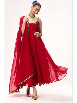 Swtantra - Women Red Solid Beads Work Anarkali Kurta with Pant and Dupatta