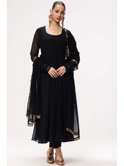 Swtantra - Women Black Solid Lace Work Anarkali Kurta with Pant and Dupatta