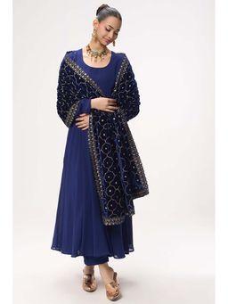 Swtantra - Women Navy Blue Solid Embroidered Anarkali Kurta with Pant and Dupatta