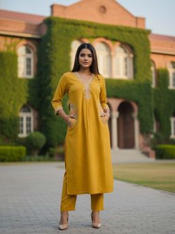 Varanga - Women Yellow Floral Embroidered Kurta with Pant