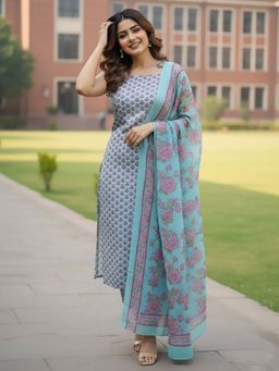 Varanga - Women Blue Floral Printed Kurta with Pant and Dupatta