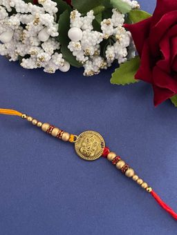 Digital Dress Room - Fancy Rakhi Designs Ganesh Ji Cream Color Beads Ed Mauli Thread