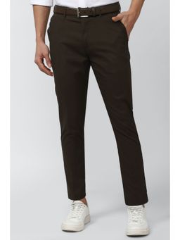 Peter England - Men Brown Textured Carrot Fit Casual Trousers