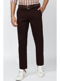 Peter England - Men Maroon Solid Carrot Fit Casual Trousers
