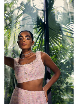 Lea Clothing - Caroline Pink Tweed Crop Top