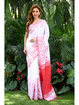 Beatitude - White Handloom Cotton Silk Saree with Unstitched Blouse