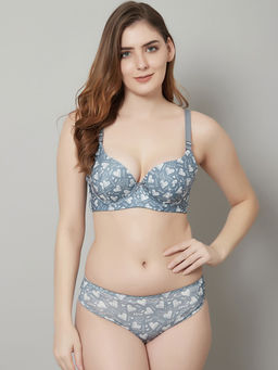 PrettyCat - Beautiful Love Print Lightly Padded T-Shirt Bra Panty Set - Grey