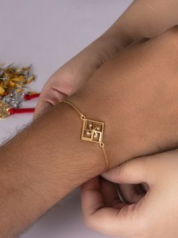 Ornate Jewels - 925 Sterling Silver Gold Plated American Diamond "Swastik" Rakhi Bracelet for Brother