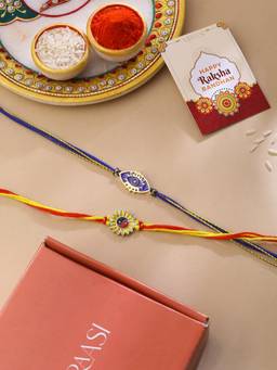 VIRAASI - Set of 2 Evil Eye & Sunflower Motif Rakhi for Brother with Roli Chawal & Card
