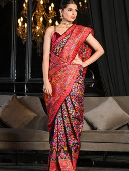 Beatitude - Black Soft Modal Silk Saree with Kashmiri Weaving and Unstitched Blouse